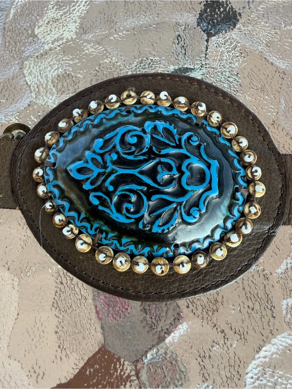 Chicos Genuine Leather Concho Belt  Turquoise Blue and Rust Medallions Sz M/L